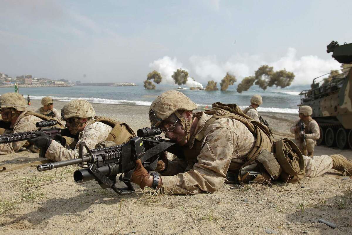 U.S. Marines from 3rd Marine Expeditionary Force, Battalion landing team deployed from Okinawa, Japan participate in the U.S. and South Korean Marines joint landing operation at Pohang seashore on March 31, 2014 in Pohang, South Korea. In total, we have a U.S. military presence in 80 percent of the world’s 200 or so nations.