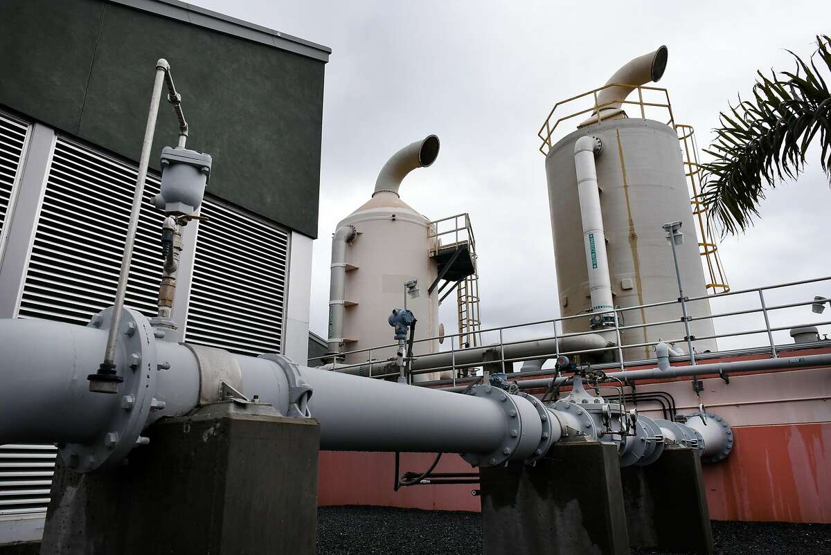 Two decarbonators, at right, remove excess carbon dioxide from processed water.