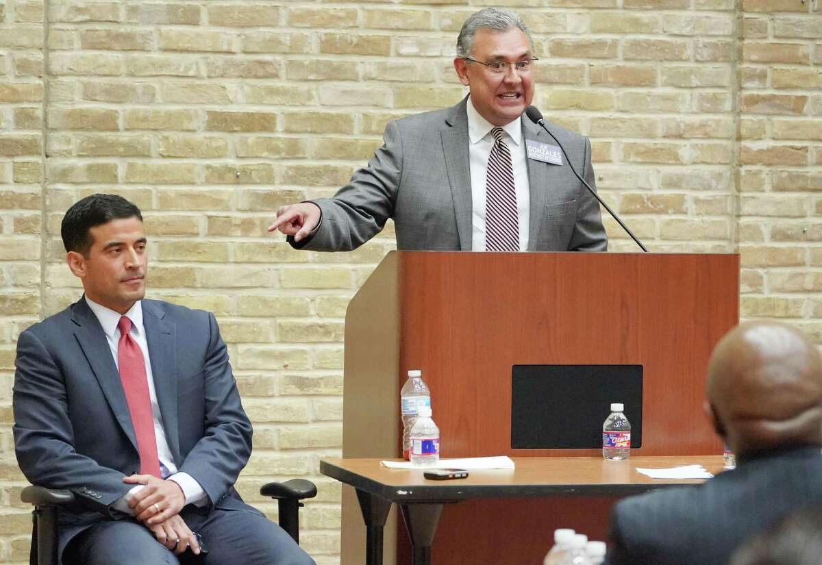 Incumbent district attorney Nico LaHood, left, and DA candidate Joe Gonzales participate in a debate, Thursday, Feb. 8, 2018, at the Claude Black Community Center in San Antonio. (Darren Abate/For the San Antonio Express-News)