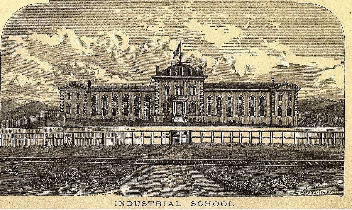 The San Francisco Industrial School in an undated drawing. The San Francisco-San Jose Railroad, which shipped produce picked by children at the reform school, runs in front of the building.
