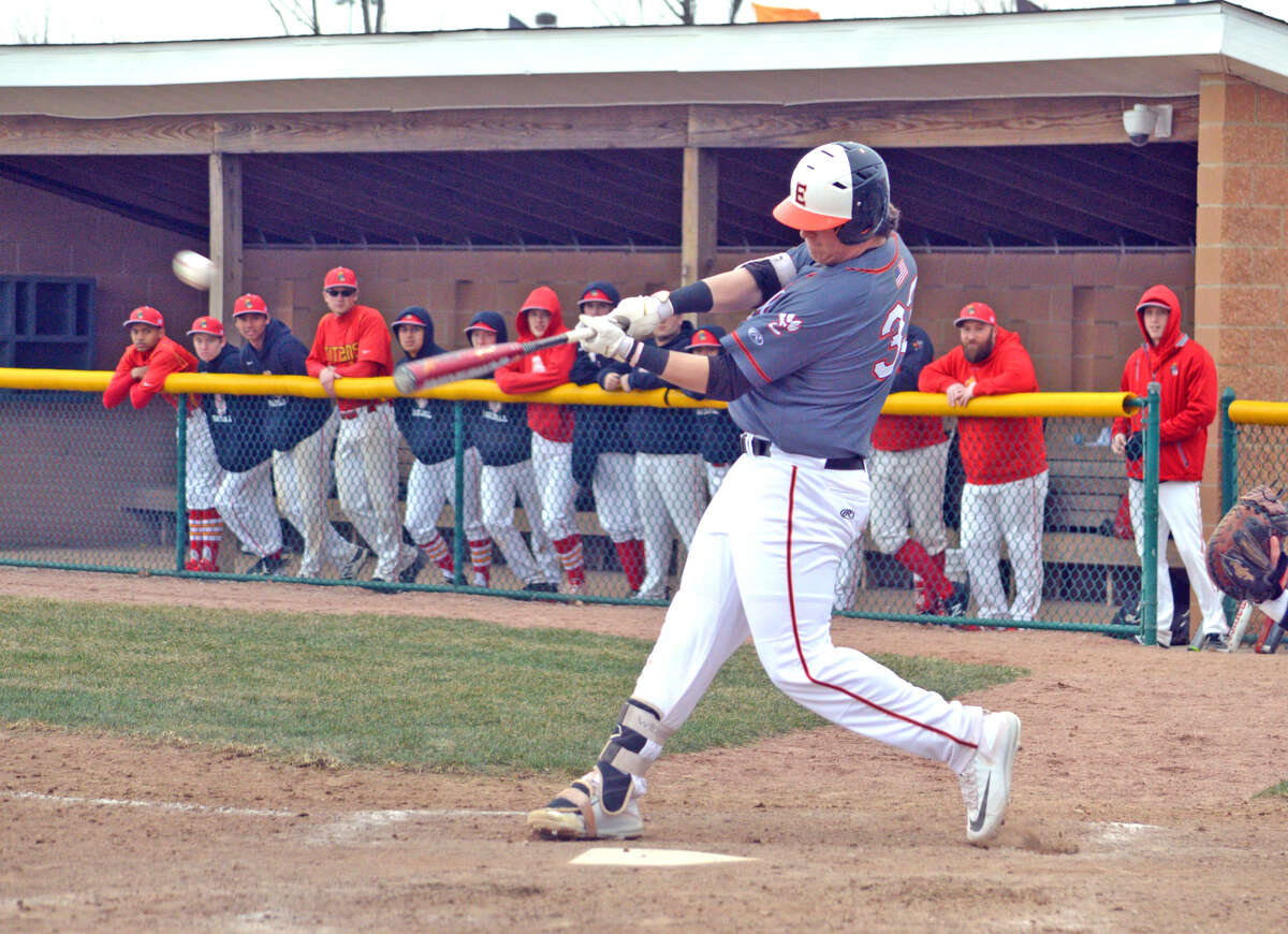 Edwardsville sophomore Drake Westcott connects for an RBI double during the first inning of Friday’s game against Tinley Park at Tom Pile Field.