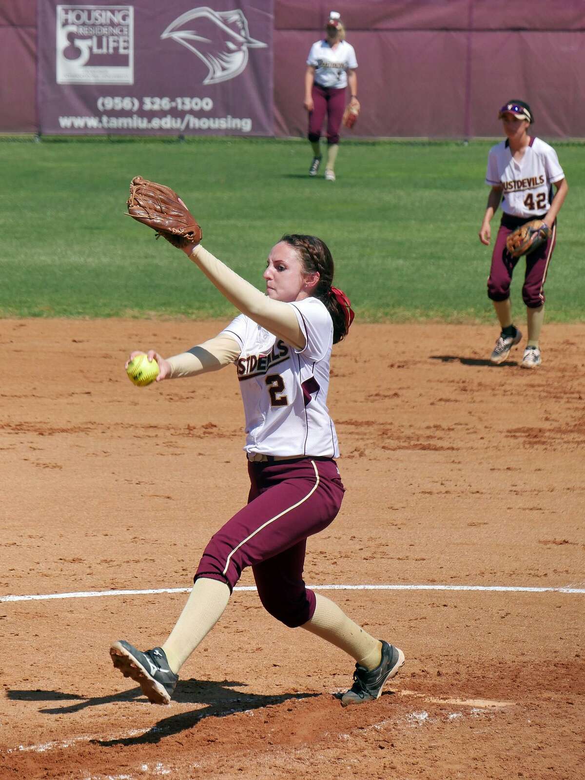 TAMIU pitcher Delainy Thompson threw five innings giving up six runs (five earned) on four hits with four walks and two strikeouts in a loss to Rogers State to begin the Heartland Conference tournament.