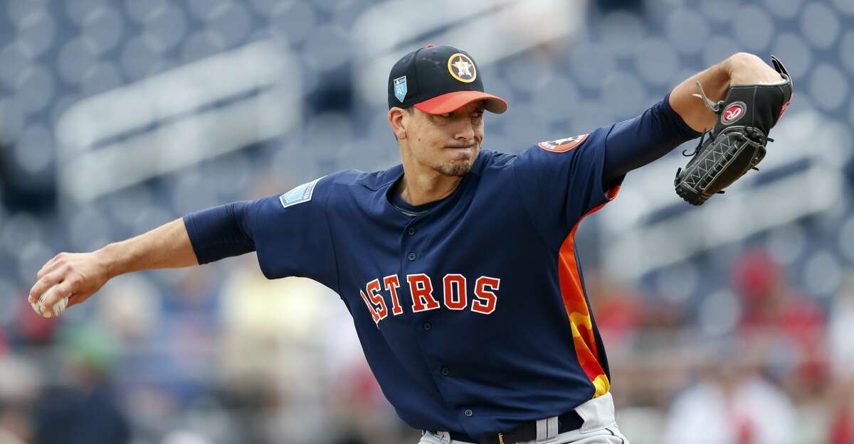Houston Astros starting pitcher Charlie Morton (50) works in the first inning of a spring training baseball game against the Washington Nationals Tuesday, March 6, 2018, in West Palm Beach, Fla. (AP Photo/John Bazemore)