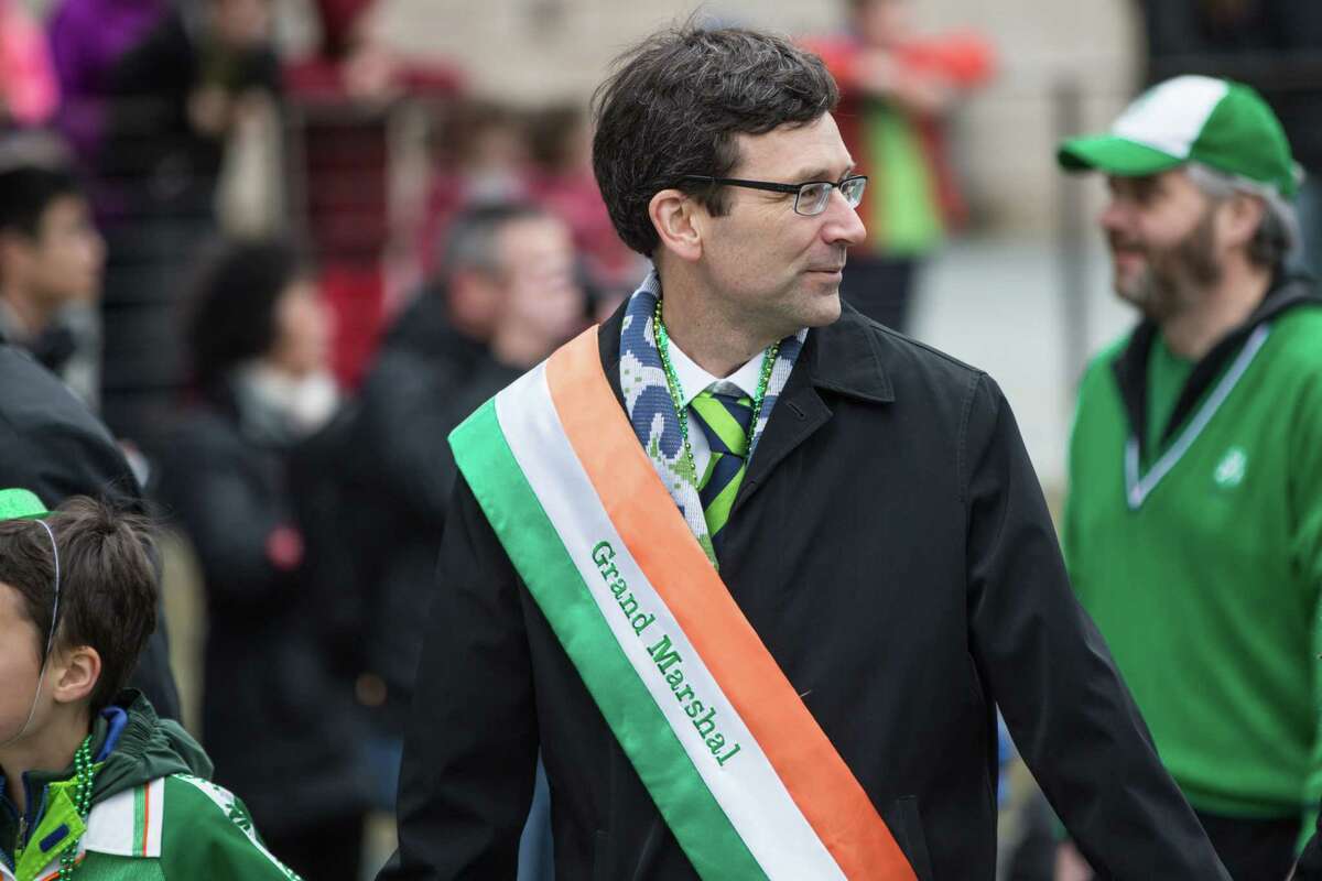 Washington Attorney General Bob Ferguson acts as the Grand Marshal of Seattle's annual St. Patrick's Day parade on Saturday, March 17, 2018. He's popular for having sued the Trump administration 25 times.