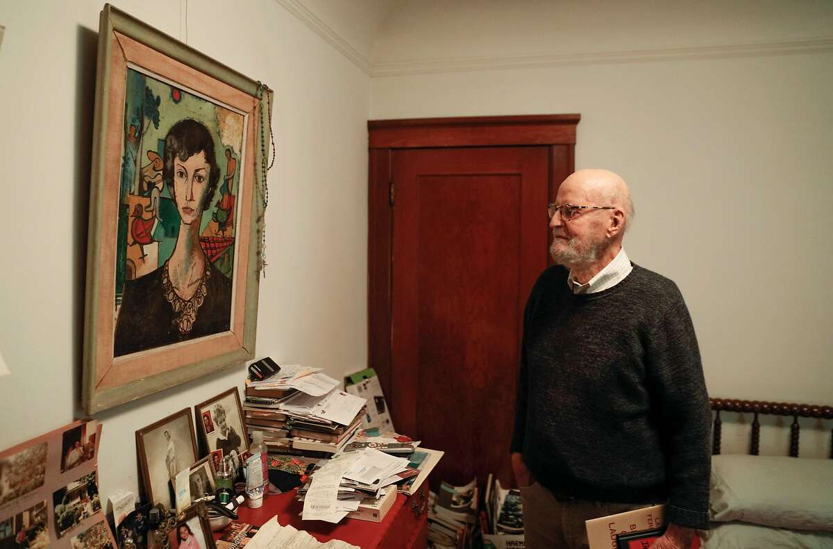 Poet Lawrence Ferlinghetti looks at a portrait of his late wife, Selden Kirby-Smith in his son, Lorenzo's room at his home in San Francisco, Calif., on Thursday, March 1, 2018. Ferlinghetti will be 99 on March 24.