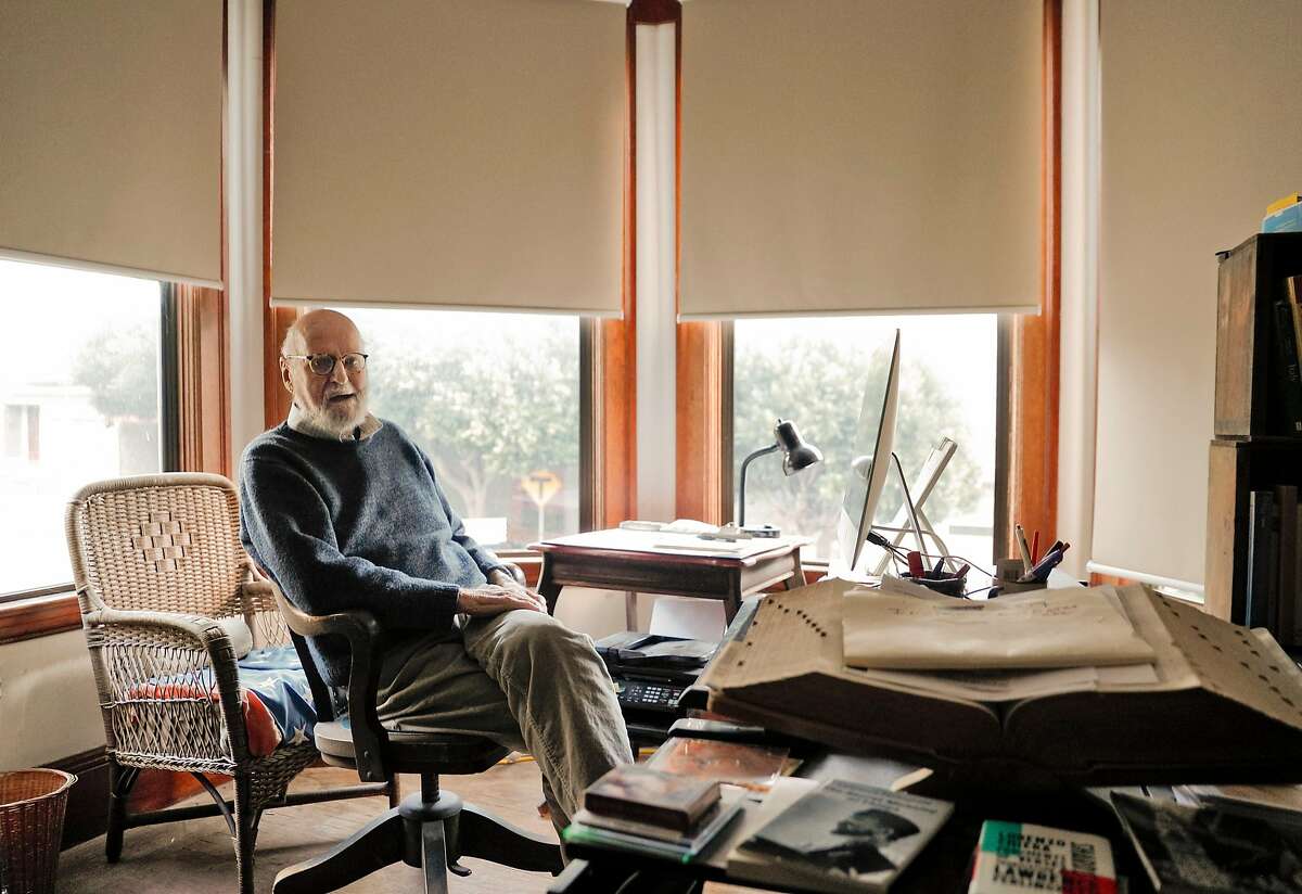 Poet Lawrence Ferlinghetti at his home in San Francisco on March 1, 2018.