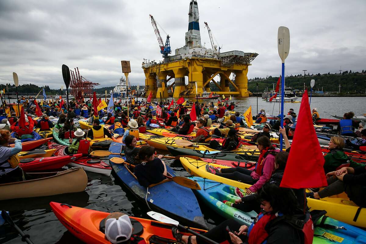during an anti-Arctic drilling protest against the Port of Seattle being used as a port for the Shell Oil drilling rig Polar Pioneer. Photographed on Saturday, May 16, 2015. (Daniella Beccaria, seattlepi.com)