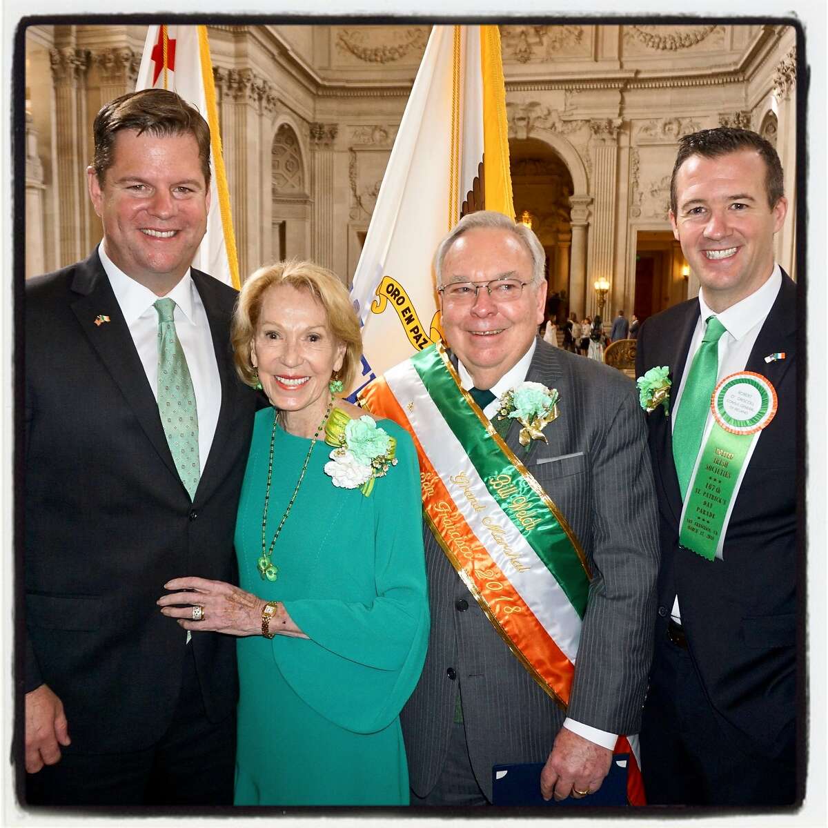 Acting Mayor Mark Farrell (left), Protocol Chief Charlotte Shultz, St. Patrick's Day Parade Grand Marshall Bill Welch and Irish Consul General Robert O'Driscoll at City Hall. March 9, 2018.