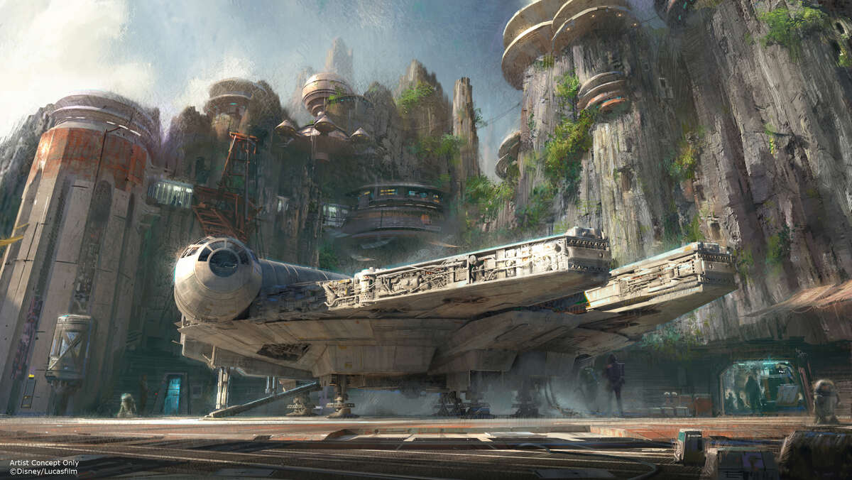 Concept art of the Millennium Falcon, on a customized secret mission and an epic Star Wars adventure that puts guests in the middle of a climactic battle at the proposed "Star Wars" theme park in Florida.