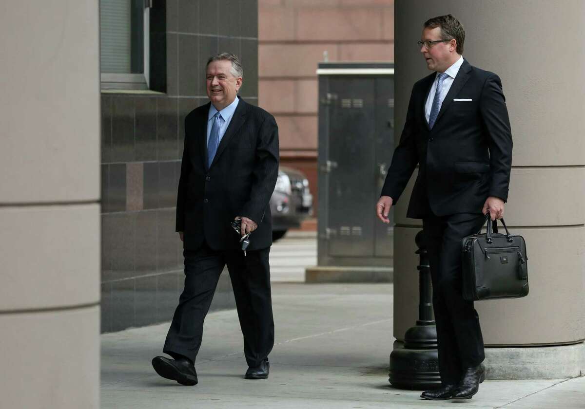 Former U.S. Congressman Steve Stockman, left, and his attorney Sean Buckley walk into the Federal Courthouse for the start of federal corruption trial against Stockman Monday, March 19, 2018, in Houston. ( Godofredo A. Vasquez / Houston Chronicle )