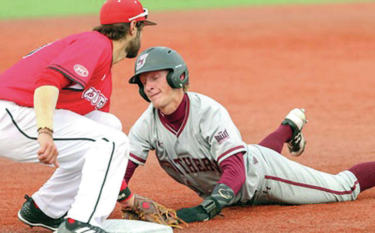 SIUE shortstop Mario Tursi, left, tags out SIUC’s Connor Kopach at second base during Tuesday’s game at Roy Lee Field. The Salukis beat SIUE 8-3.