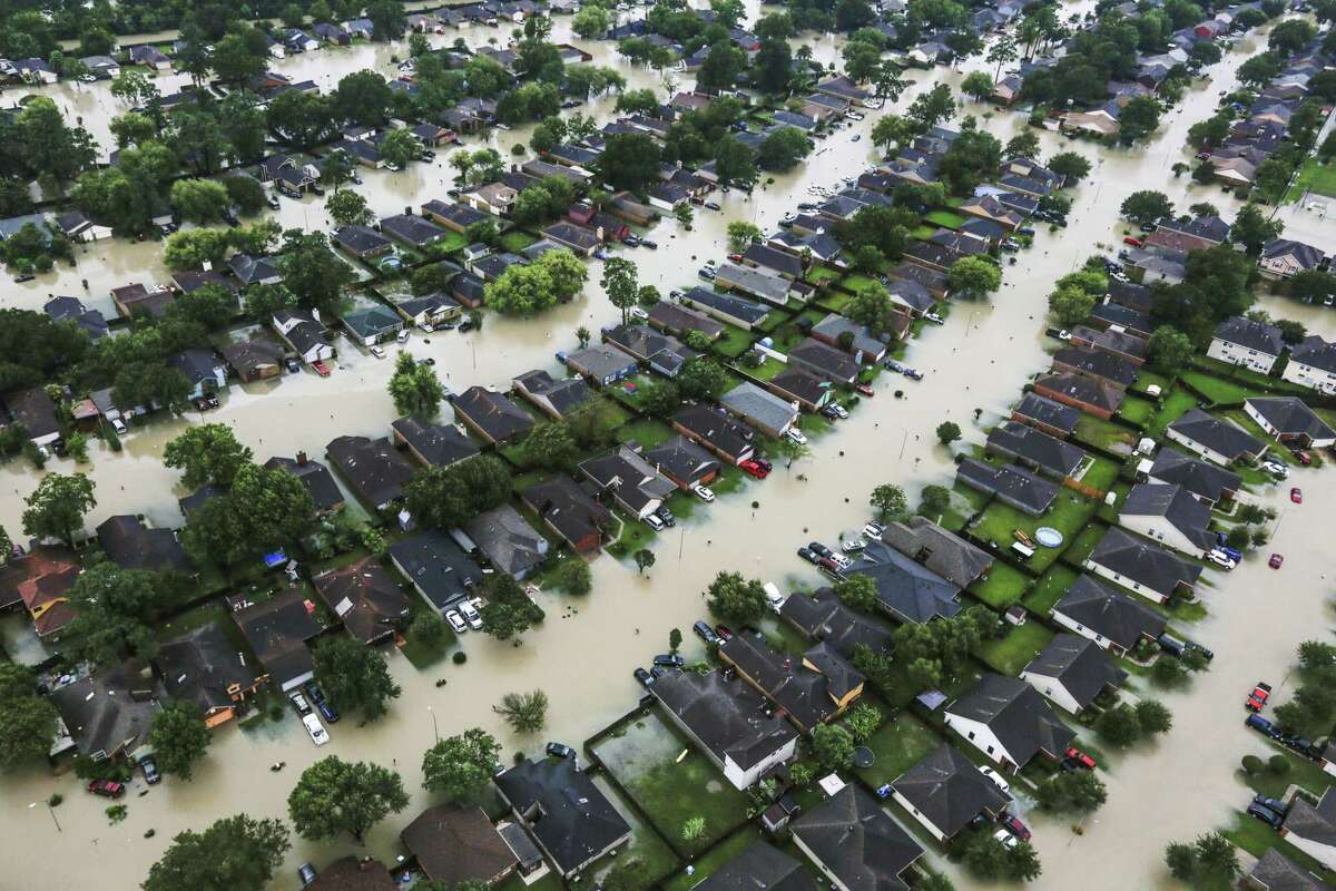 A neighborhood is inundated by floodwaters from Hurricane Harvey near east Interstate 10 in Houston on Aug. 29, 2017.
