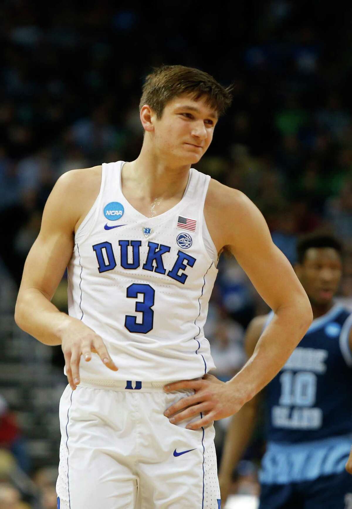 PITTSBURGH, PA - MARCH 17: Grayson Allen #3 of the Duke Blue Devils looks on against the Rhode Island Rams during the first half in the second round of the 2018 NCAA Men's Basketball Tournament at PPG PAINTS Arena on March 17, 2018 in Pittsburgh, Pennsylvania. (Photo by Justin K. Aller/Getty Images)