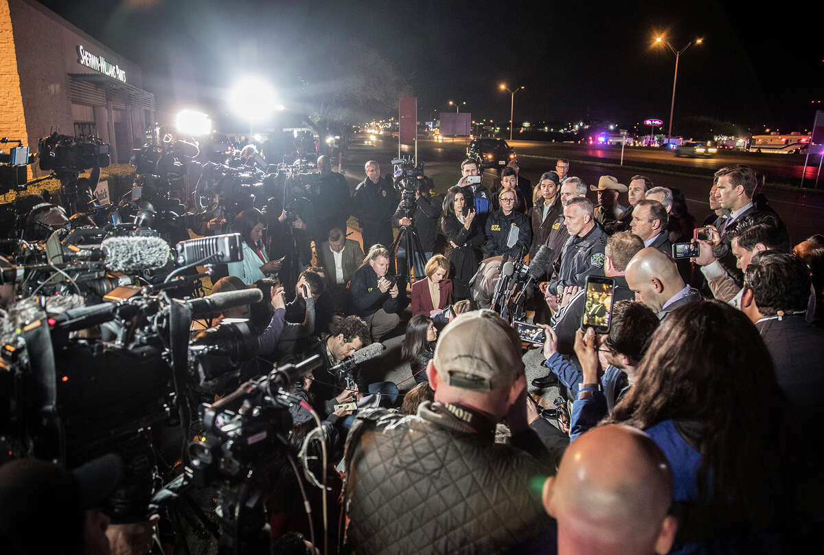 Austin Police Chief Brian Manley briefs the media, Wednesday, March 21, 2018, in the Austin suburb of Round Rock, Texas. The suspect in a spate of bombing attacks that have terrorized Austin over the past month blew himself up with an explosive device as authorities closed in, the police said early Wednesday. (Ricardo B. Brazziell/Austin American-Statesman via AP)