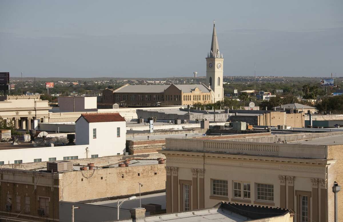 The older part of Laredo, Texas' downtown looking toward Mexico photographed from a downtown parking garage.