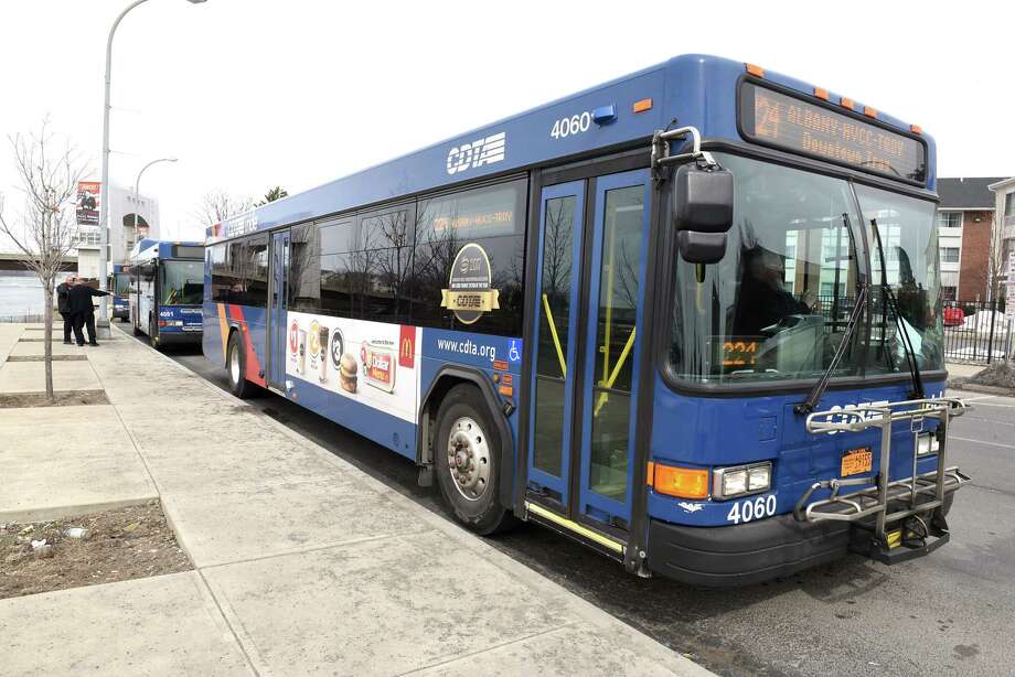 CDTA buses are seen near a bus stop on Wednesday, March 21, 2018 in Troy, N.Y. (Lori Van Buren/Times Union) Photo: Lori Van Buren, Albany Times Union / 20043276A