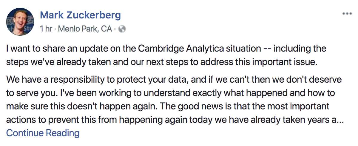 Read Mark Zuckerberg's full posts regarding Cambridge Analytica.