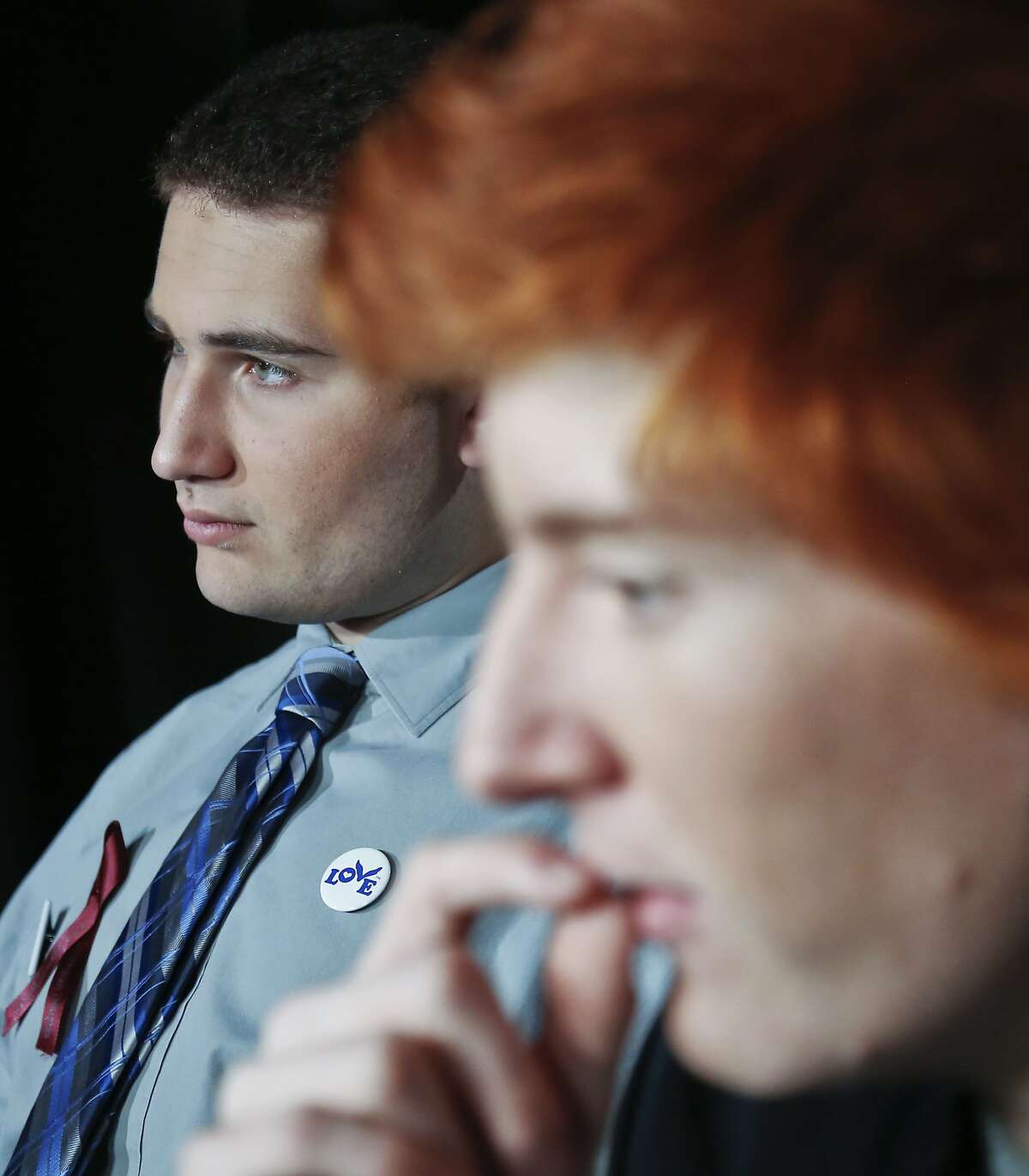 Ryan Deitsch, right, and Alex Wind, survivors from the shooting at Marjory Stoneman Douglas High School, pose during an interview, Monday, March 19, 2018, in New York. Hundreds of March for Our Lives demonstrations are planned around the world Saturday, sparked by the Feb. 14 shooting in Parkland, Fla. (AP Photo/Bebeto Matthews)