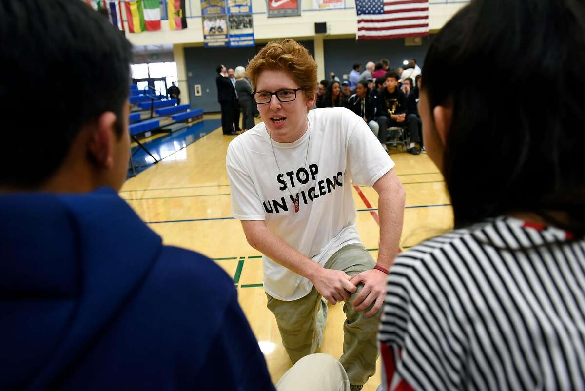 Former Parkland, Florida student and March For Our Lives member Matt Deitsch speaks with students at Newark Memorial High School during a panel discussion on gun violence, in Newark, Calif., on Monday March 12, 2018.