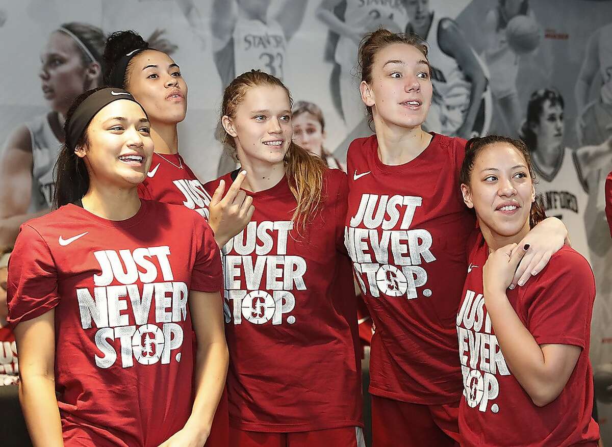 Stanford women's basketball players, left to right, Alexa Romano, Kaylee Johnson, Brittany McPhee, Alanna Smith and Marta Sniezek watch the television broadcast of their selection in the NCAA college basketball tournament Monday, Mar. 12, 2018 in Stanford, Calif. Stanford will host the first two rounds in the NCAA Tournament and will open as a No. 4 seed against 13-seed Gonzaga.
