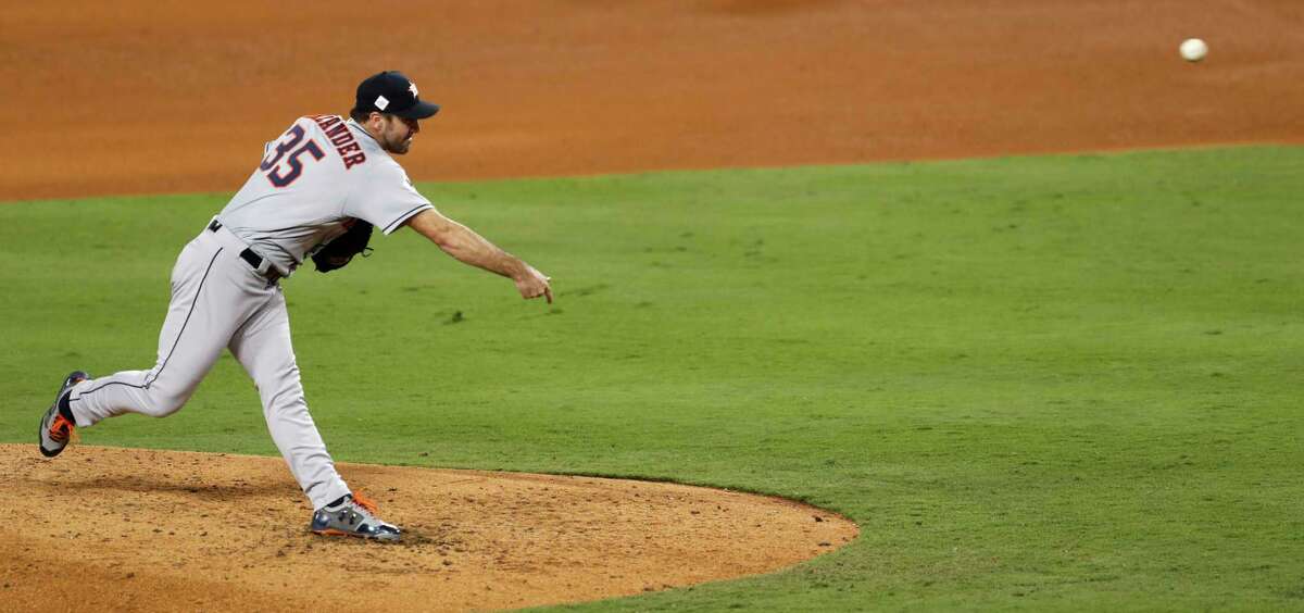 Houston Astros starting pitcher Justin Verlander releases a pitch against the Los Angeles Dodgers during the fifth inning of Game 2 of the World Series at Dodger Stadium on Wednesday, Oct. 25, 2017, in Los Angeles. ( Brett Coomer / Houston Chronicle )