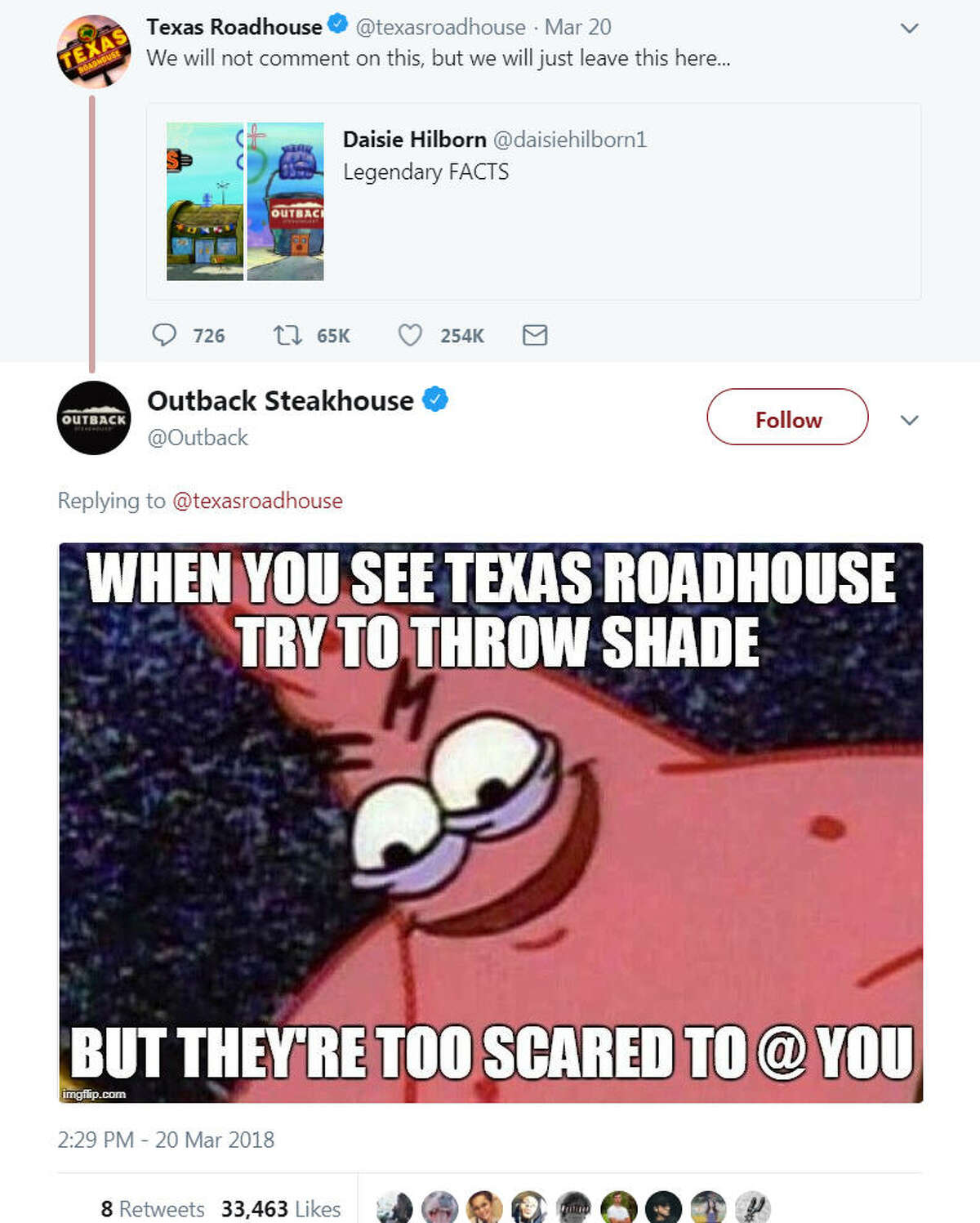 Texas Roadhouse and Outback Steakhouse have been taking shots at one another on Twitter to the joy of competitors like Logan's Roadhouse.