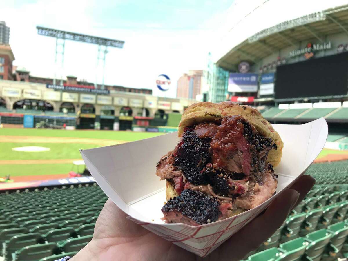 Brisket burnt ends with barbecue sauce on a biscuit at Jackson Street BBQ's new concession at Minute Maid Park on the Concourse Level, Section 124.