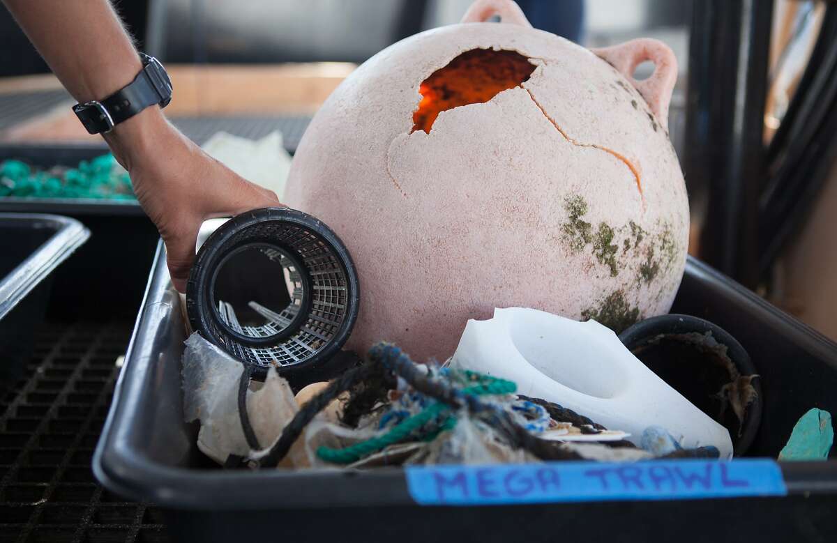 Julia Reisser, lead oceanographer, shows a sample of the garbage collected during the Mega Expedition on Sunday, Aug. 23, 2015 in San Francisco, Calif. The first batch of Mega Expedition vessels arrives in San Francisco after a 30-day voyage mapping the Great Pacific Garbage Patch.