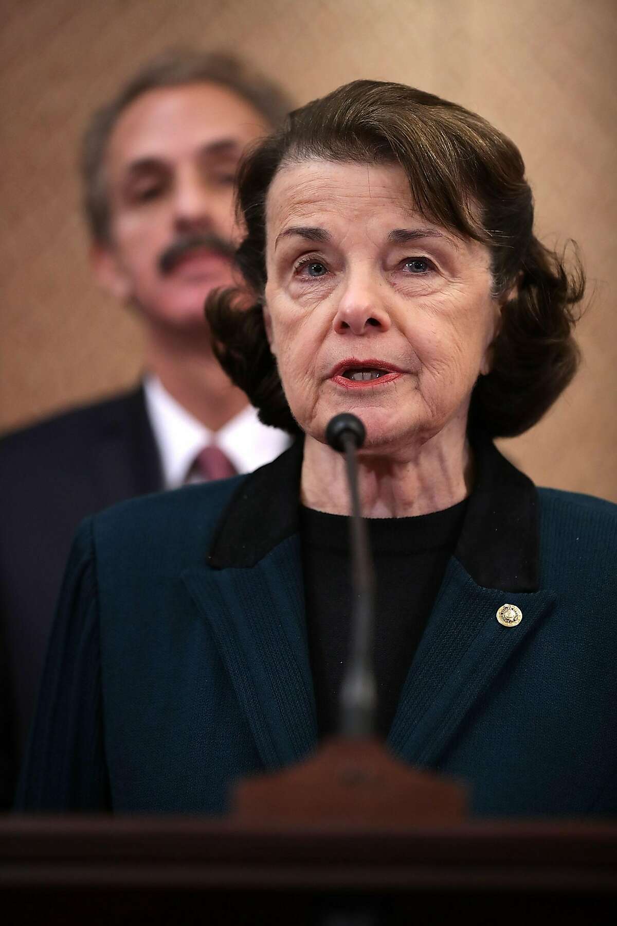 Sen. Dianne Feinstein (D-CA) delivers remarks during a news conference with Los Angeles City Attorney Mike Feuer and fellow members of Congress. Organized by the Brady Campaign to Prevent Gun Violence and Prosecutors Against Gun Violence, the participants outlined their three-point legislative plan to curb gun violence just days before the March For Our Lives. 