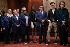WASHINGTON, DC - MARCH 22:  Sen. Dianne Feinstein (D-CA), Rep. Salud Carbajal (D-CA), Marjory Stoneman Douglas High School shooting survivors Aalayah Eastmond, David Hogg and Diana Perri and other advocates for gun control reform hold a news conference in the U.S. Capitol Visitors Center March 22, 2018 in Washington, DC. Organized by the Brady Campaign to Prevent Gun Violence and Prosecutors Against Gun Violence, the participants outlined their three-point legislative plan to curb gun violence just days before the March For Our Lives.  (Photo by Chip Somodevilla/Getty Images)