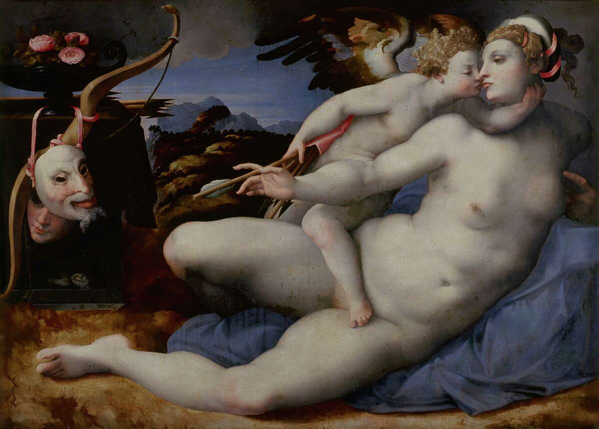 MEB1191688 Venus and Cupid (Venus en Cupido), by Hendrik van der Broeck, c. 1550-1570, 16th Century, Oil on panel, 120 x 195 cm.; 120x195 cm; Museo di Capodimonte, Naples, Italy; (add.info.: Whole artwork view. Venus Urania, lying on a blue cloth, with her right arm stretched steals a Cupid's arrow; Love much smaller then Venus squeezes her neck tryinag to kiss her, he has the right leg crossed over the right thigh of Venus; the scene set in a bucolic setting is rich about symbols all in the left side: two masks, Cupid's bow, and a basin full of roses; in the center you can see a landscape.); Mondadori Portfolio/Electa/Sergio Anelli; EDITORIAL RIGHTS ONLY,ITALIAN RIGHTS NOT AVAILABLE; out of copyright