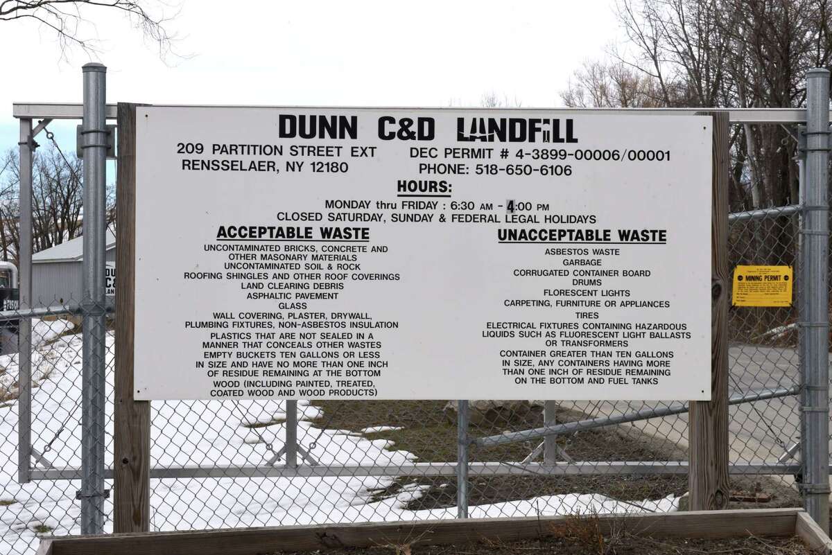Sign outside of the Dunn C&D landfill lists acceptable and unacceptable material to dump on Tuesday, March 20, 2018, at the end of Partition Street in Rensselaer, N.Y. (Will Waldron/Times Union)