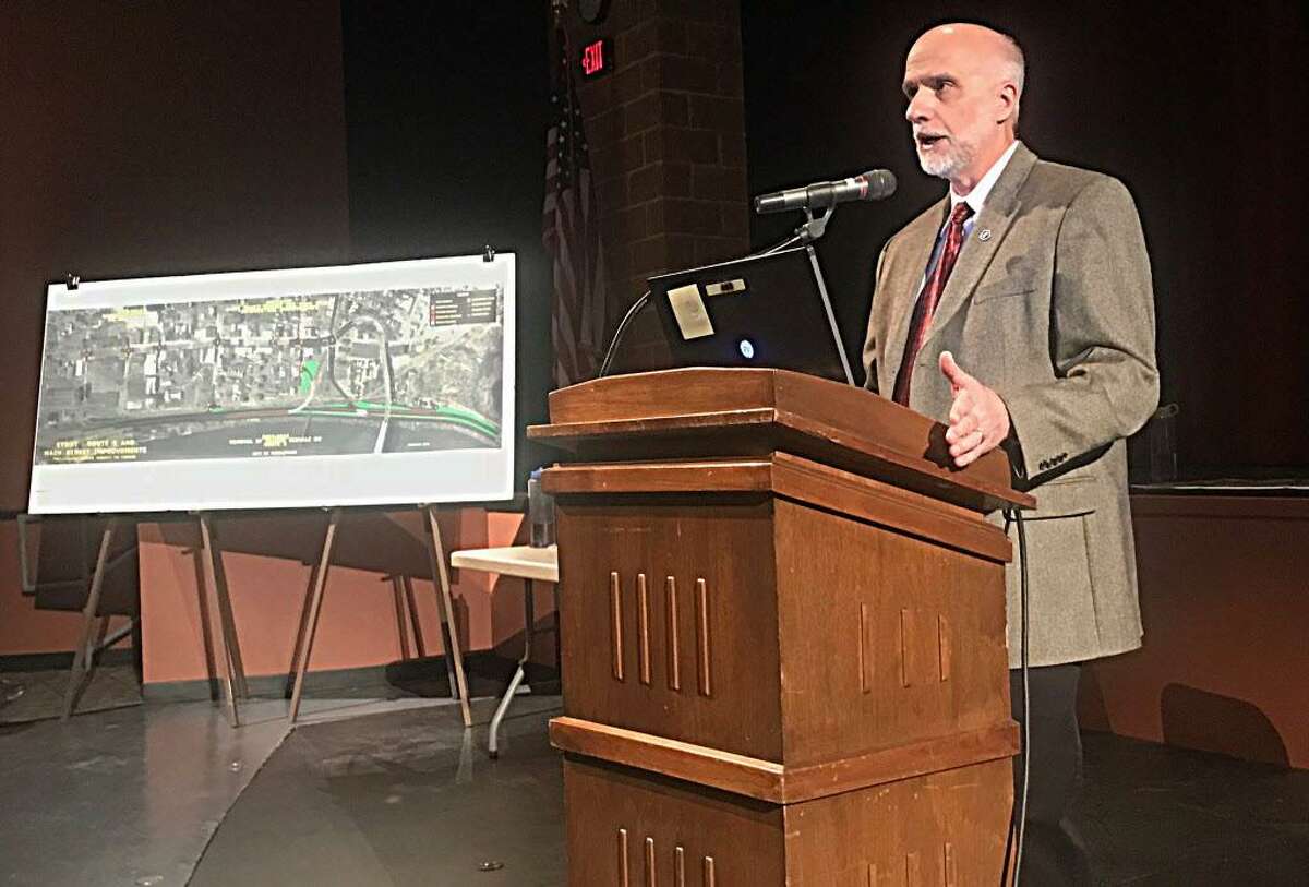 Connecticut Department of Transportation Principal Engineer William W. Britnell used a PowerPoint presentation to outline the Route 9 project Thursday at Middletown High School.