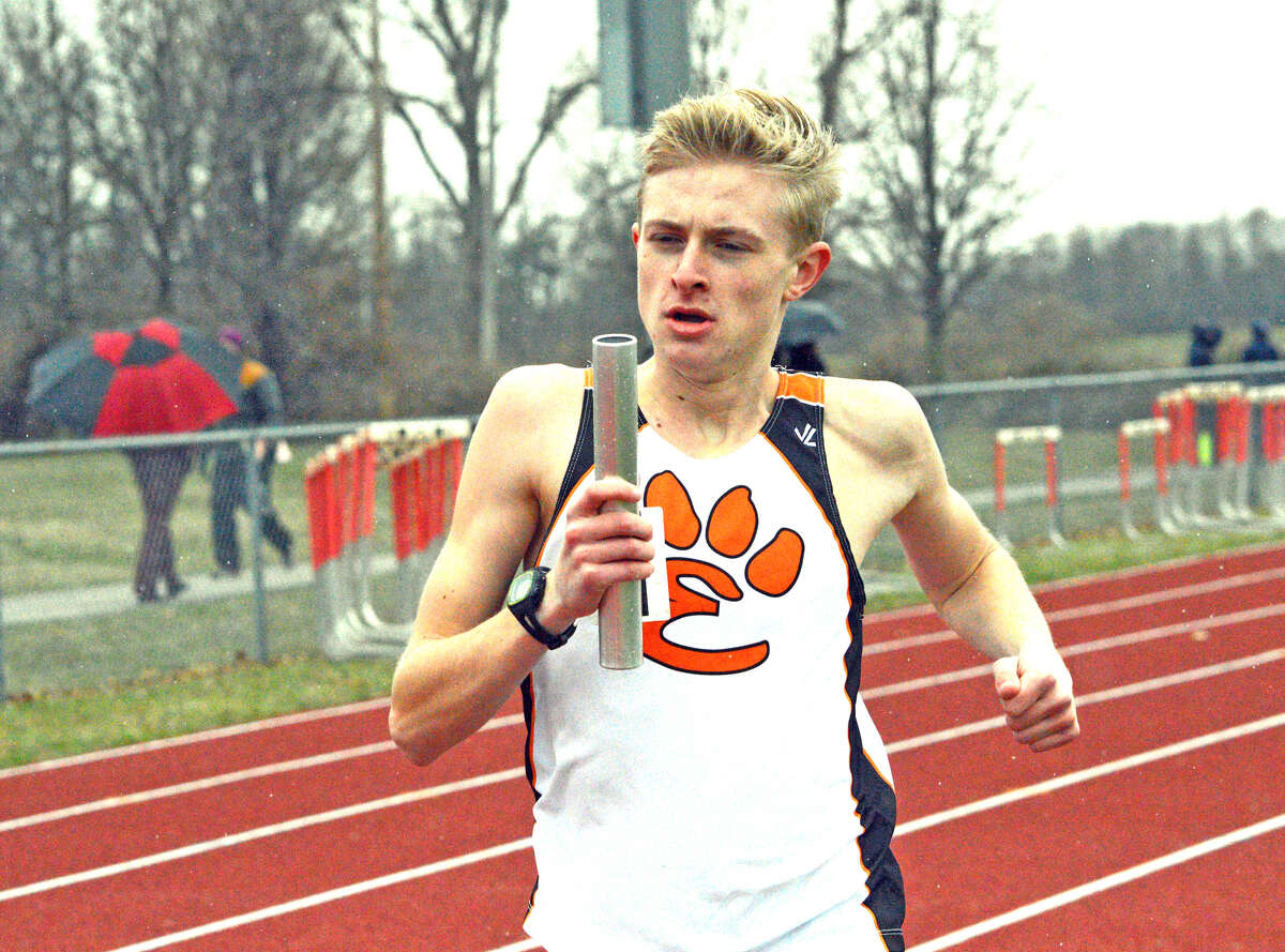 Edwardsville’s Jack Pifer competes in the 3,200-meter relay at Friday’s Southwestern Illinois Relays.