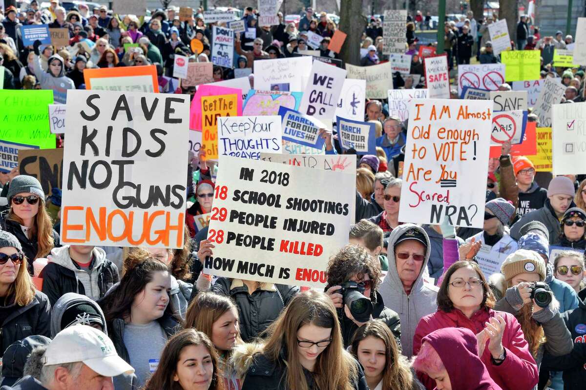 A large crowd of students and demonstrators rally in West Capitol Park in solidarity with the national March for Our Lives campaign Saturday March 24, 2018 in Albany, NY. (John Carl D'Annibale/Times Union)