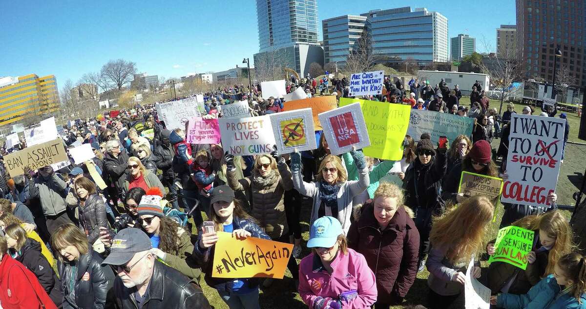 Several thousand participants come together, calling on legislators to act on issues of active shooters, gun violence, and school safety during a March For Our Lives rally at Mill River Park on Saturday, March 24, 2018 in Stamford. Connecticut.