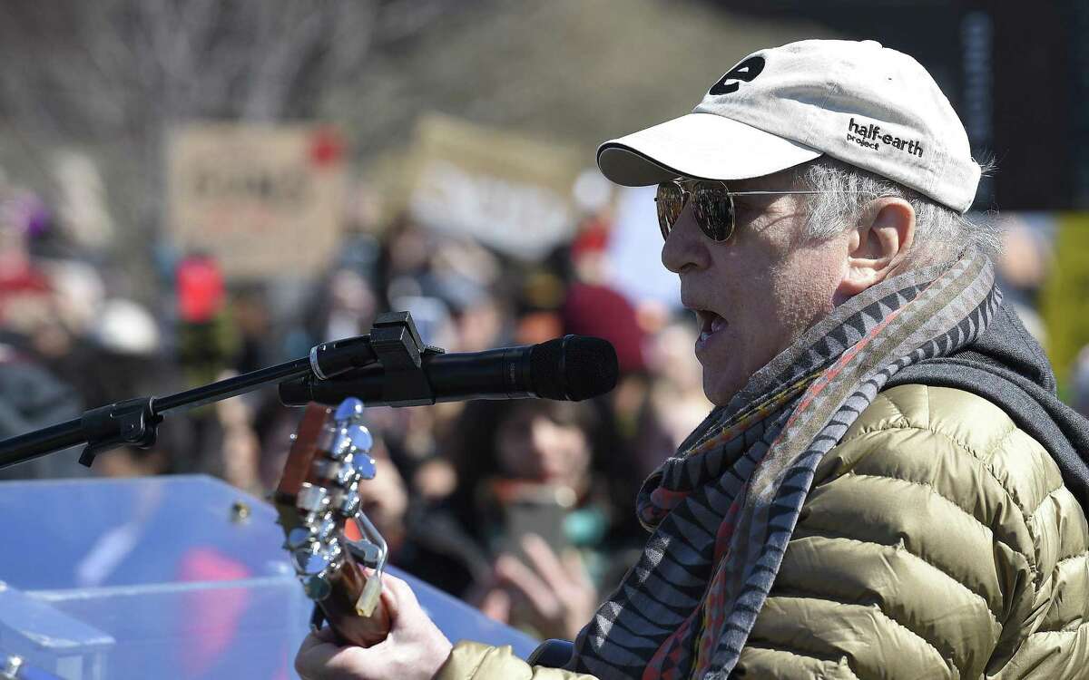 Singer/songwriter Paul Simon plays for the estimated 2,000 Fairfield County residents gather in Mill River Park for the March For Our Lives rally on Saturday, March 24, 2018 in Stamford, Connecticut.