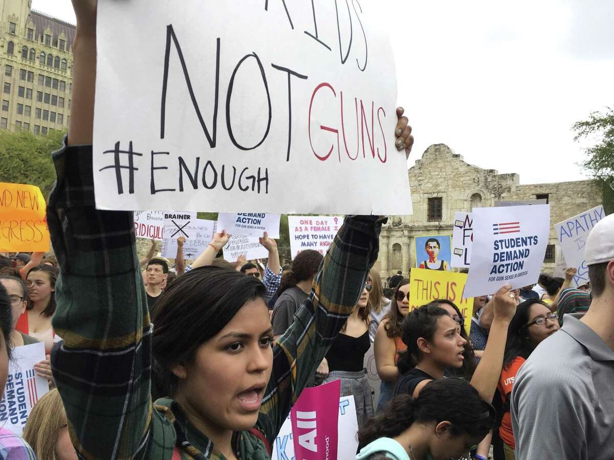 Students and their supporters rally in front of the Alamo shrine during the March for Our Lives San Antonio on Saturday. The event was one of many such marches held across the nation, prompted by the school shootings at Stoneman Douglas High School in Parkland, Fla.