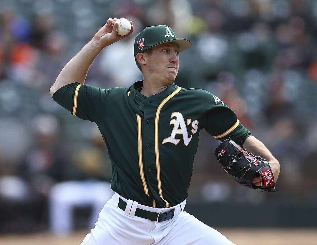 Oakland Athletics' Daniel Gossett works against the San Francisco Giants during the first inning of an exhibition baseball game on Sunday, March 25, 2018 in Oakland, Calif. (AP Photo/Ben Margot)