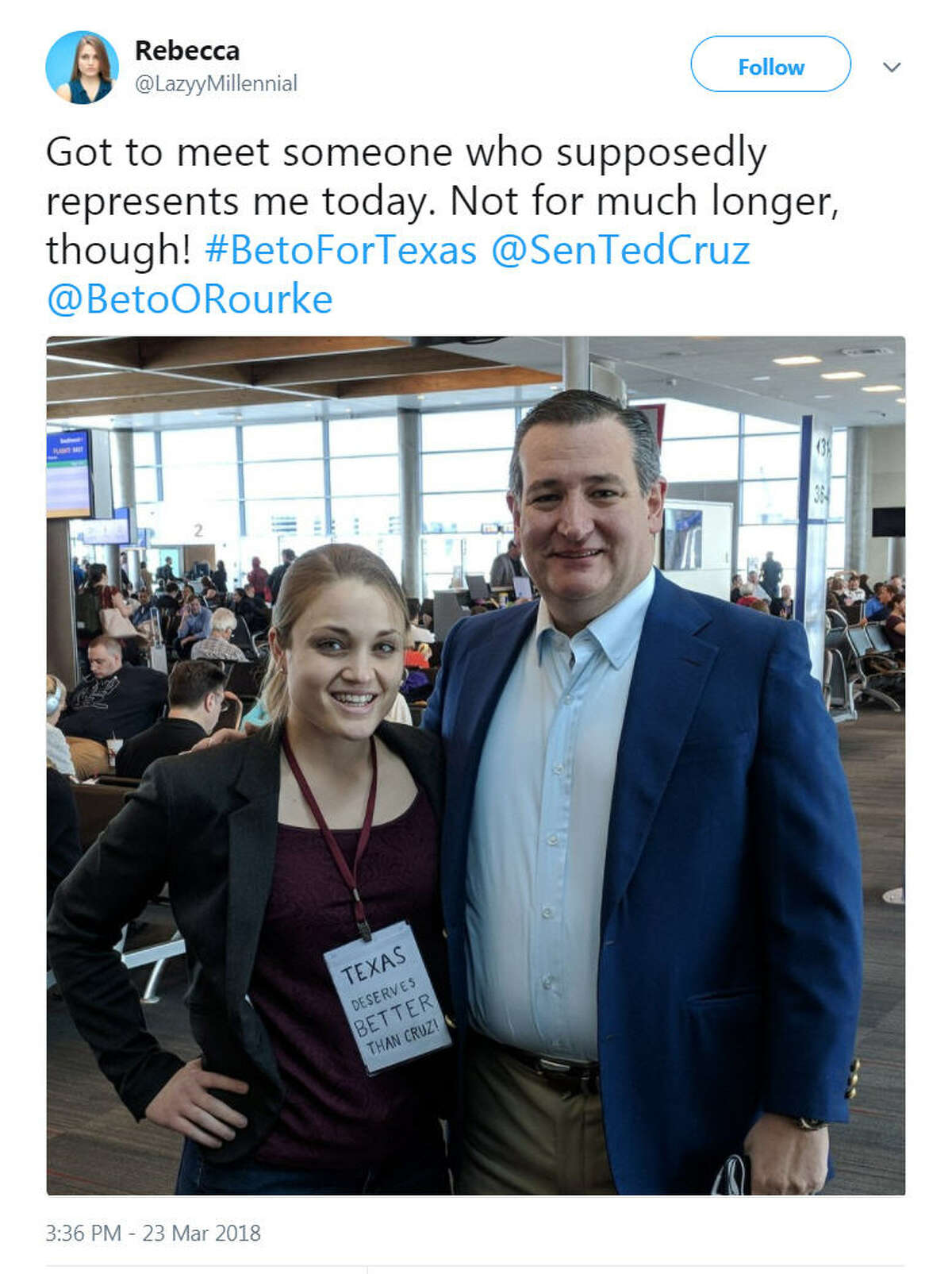 A Texas woman named Rebecca trolled Texas Sen. Ted Cruz by wearing a sign that read "Texas deserves better than Cruz" while taking a photo with him.Image source: TwitterScroll ahead to see people that share an uncanny resemblance to Cruz. 