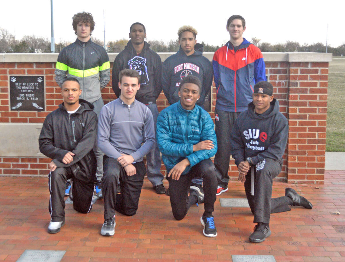 Seniors on the Edwardsville boys’ track and field team include, front row left to right, Tristan Jones, Blake Neville, Jason Singliterry and Joe King. In the back row, from left to right, are Matthew Swanson, Donovan Booker. Rodney Smith and Ben Ryan. Franky Romano, Raleigh Brazier, Andrew Meng, Holden Potter, Erik Schober. Ryan Sustain and Dean Stuart are not pictured.