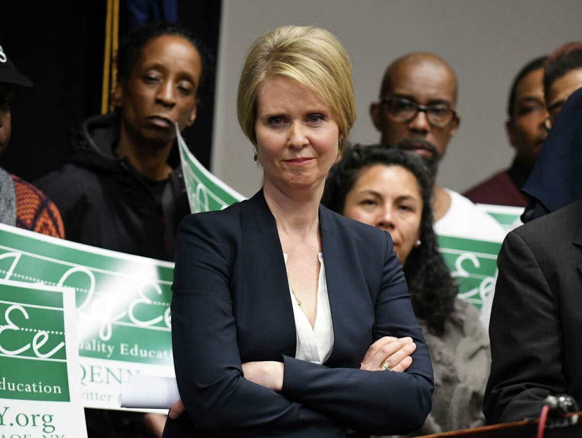 Democratic candidate for New York governor Cynthia Nixon answers questions during an Alliance for Quality Education press conference on Monday, March 26, 2018, at the Hilton in Albany, N.Y. The "Sex and the City" star will challenge Gov. Andrew Cuomo in September's primary. (Will Waldron/Times Union)