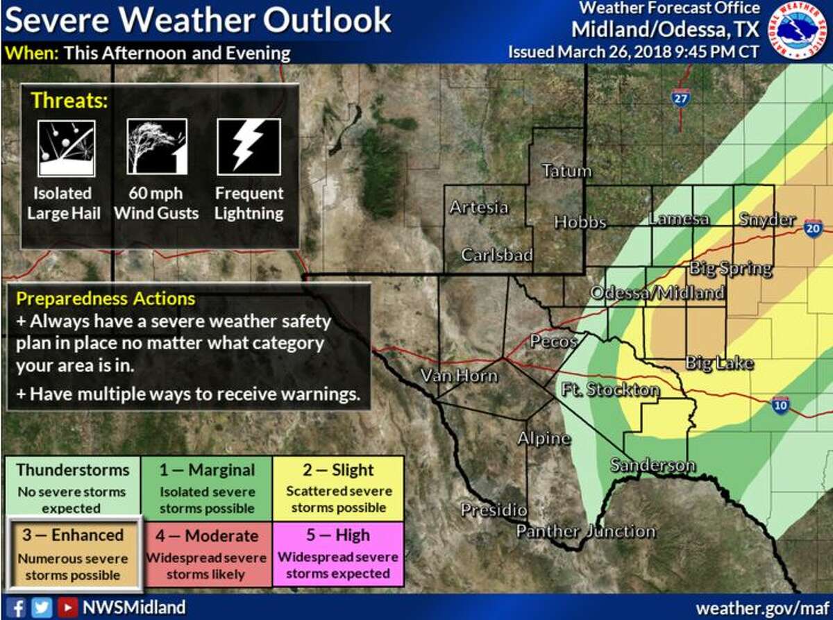 Thunderstorms will be possible today and tonight, mainly over the Western Low Rolling Plains, Permian Basin, and lower Trans Pecos. Any storms that do develop will be accompanied by frequent lightning and brief heavy rainfall. Some storms may be strong to severe, mainly along and east of a Snyder to McCamey line, with large hail and damaging winds.