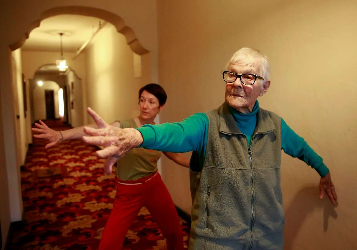 93-year-old dancer Judy Job and Christy Funsch artistic director the postmodern company Funsch Dance Experience, perform Tai Chi which Job teaches each week, seen on Wed. March 14, 2018 in Oakland, Ca.