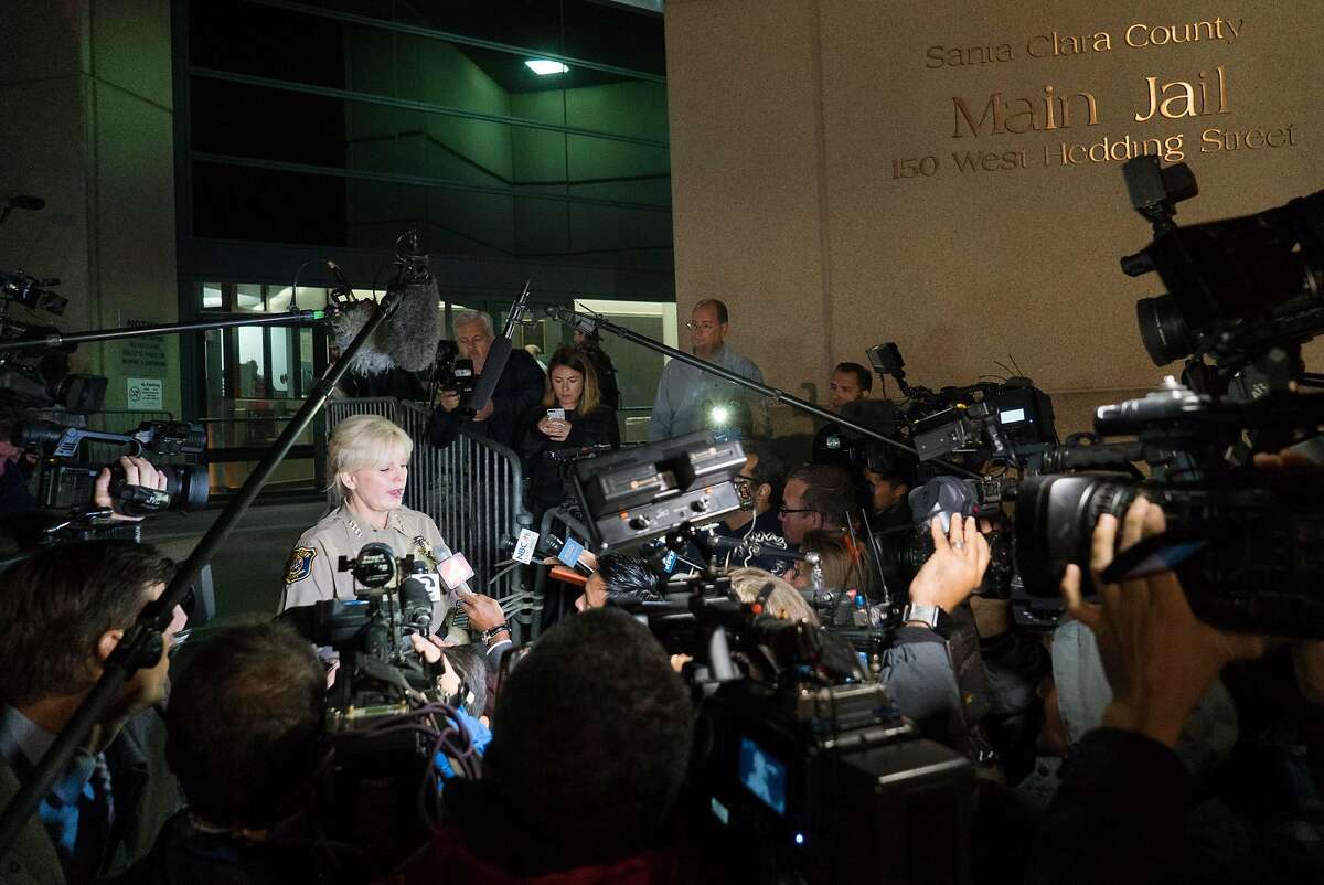 Sheriff Laurie Smith addresses the media before Brock Turner's release at the Santa Clara County Main Jail in San Jose, Calif. on Friday, Sept. 2, 2016. Turner was released early from jail after serving time for sexually assaulting a woman at Stanford.