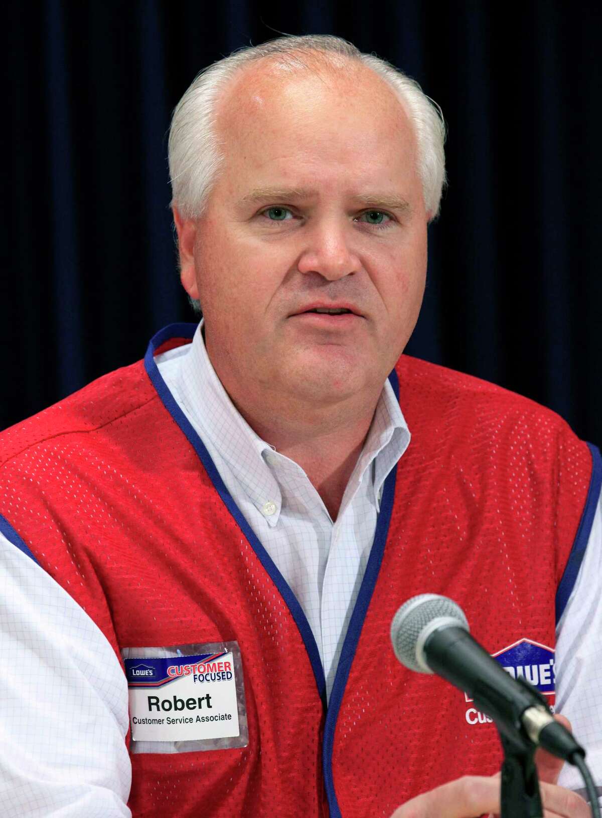 FILE- In this Nov. 8, 2012, file photo, Chairman and CEO of Lowe's Robert Niblock attends a news conference in New York. Niblock, who's worked for the home improvement retailer for 25 years, is retiring. Niblock will stay in his roles on an interim basis while Lowe's looks for a successor. (AP Photo/Richard Drew, File)