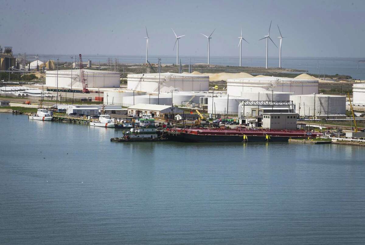 Oil storage tanks line the Port of Corpus Christi, which is a key export hub for crude oil.