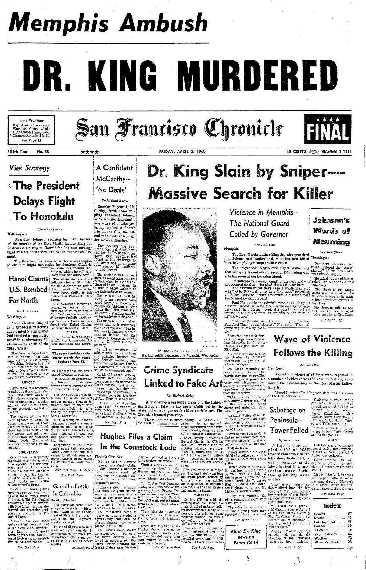 《旧金山纪事报》1968年4月5日，马丁·路德·金牧师遇刺后的头版