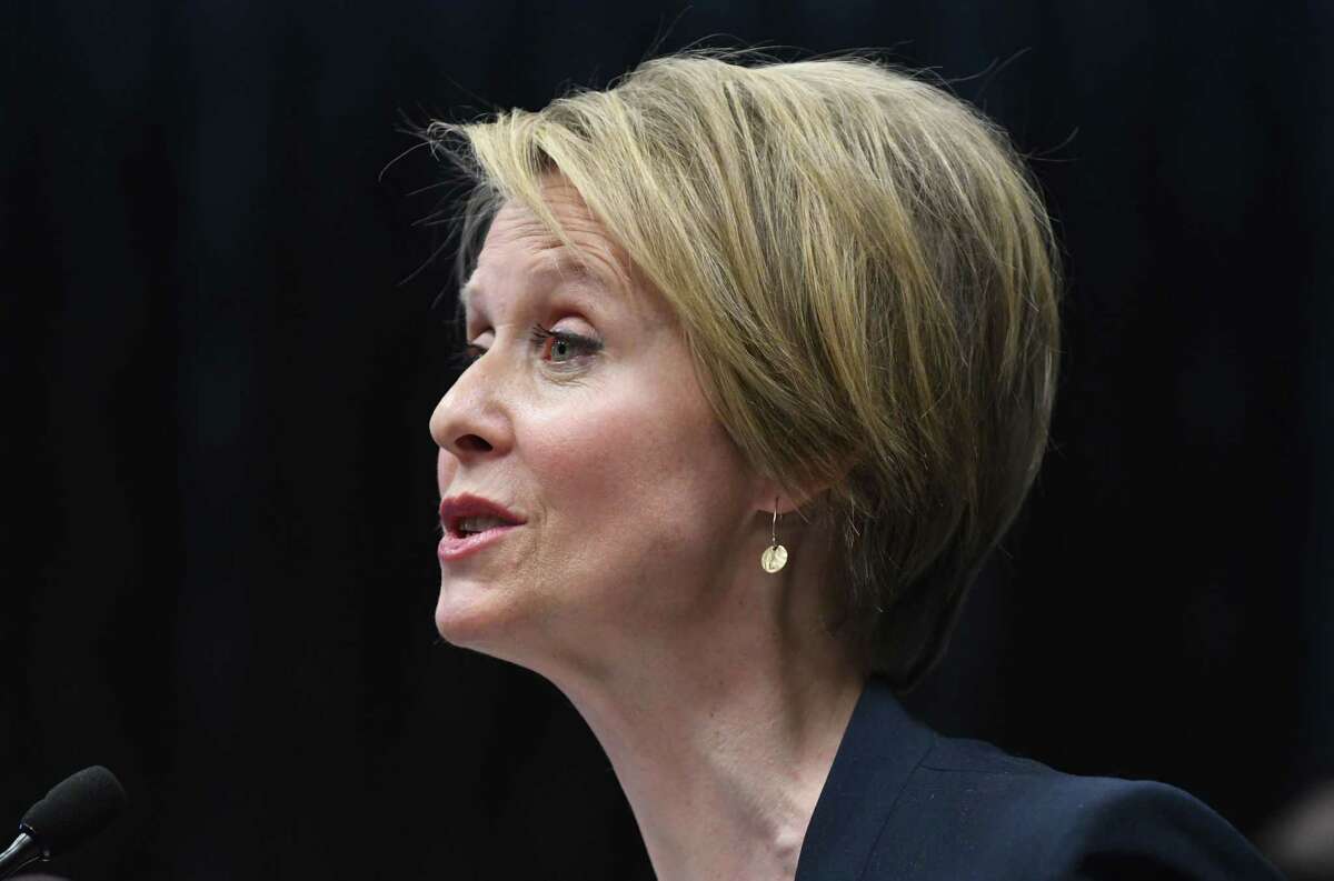 Democratic candidate for New York governor Cynthia Nixon speaks during an Alliance for Quality Education press conference on Monday, March 26, 2018, on in Albany, N.Y. The "Sex and the City" star will challenge Gov. Andrew Cuomo in September's primary. (Will Waldron/Times Union)