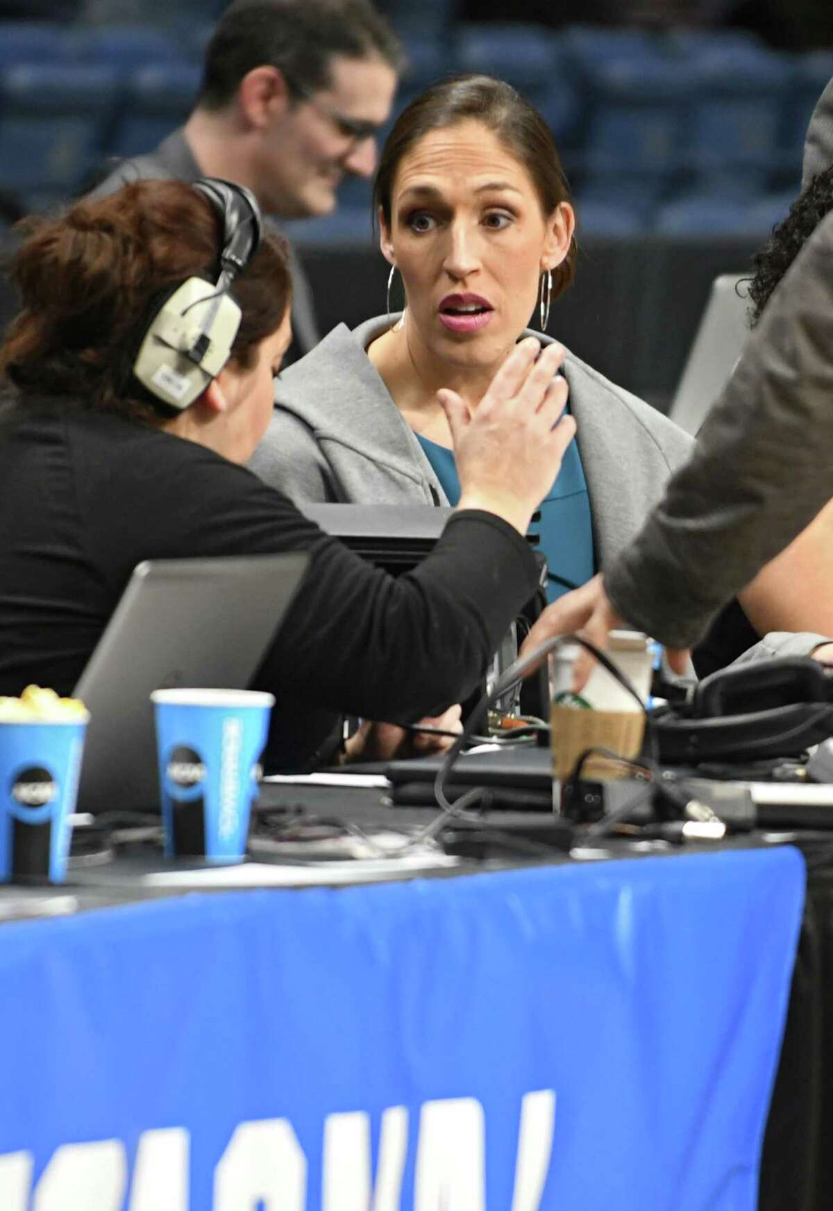 Television basketball analyst and former WNBA women's basketball player Rebecca Lobo is seen working on the sideline at the NCAA Women's Basketball regional final between UConn and South Carolina at the Times Union Center on Monday, March 26, 2018 in Albany, N.Y. (Lori Van Buren/Times Union)
